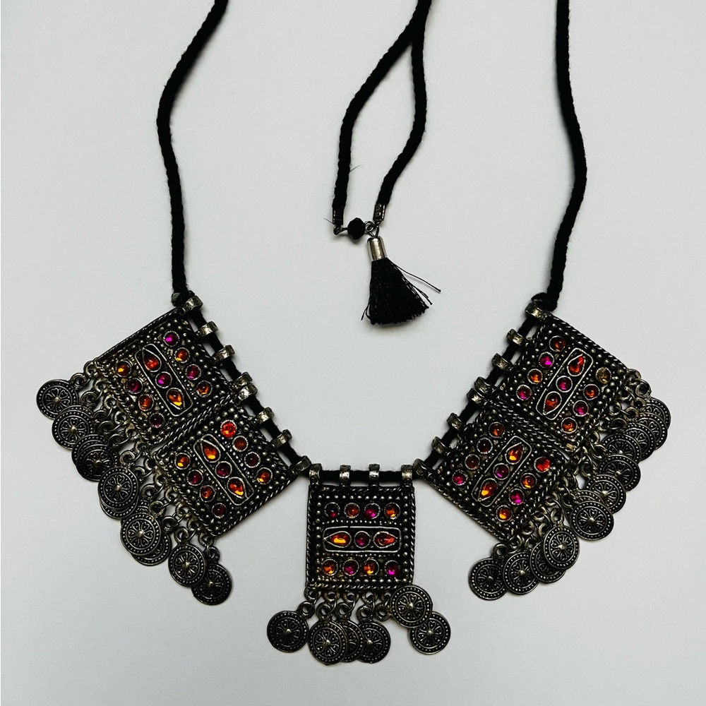 Bohemian, Ethnic Silver and Black Necklace